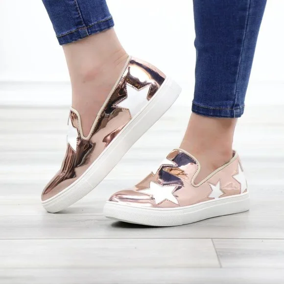 Rose Gold With White Stars Patent Sneakers Shoes - Picture 11 of 14